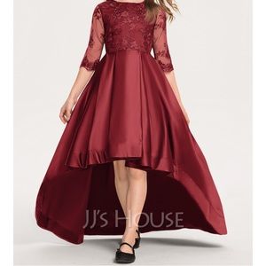 A-Line Scoop Neck Asymmetrical Satin Lace Junior Bridesmaid Dress With Ruffle